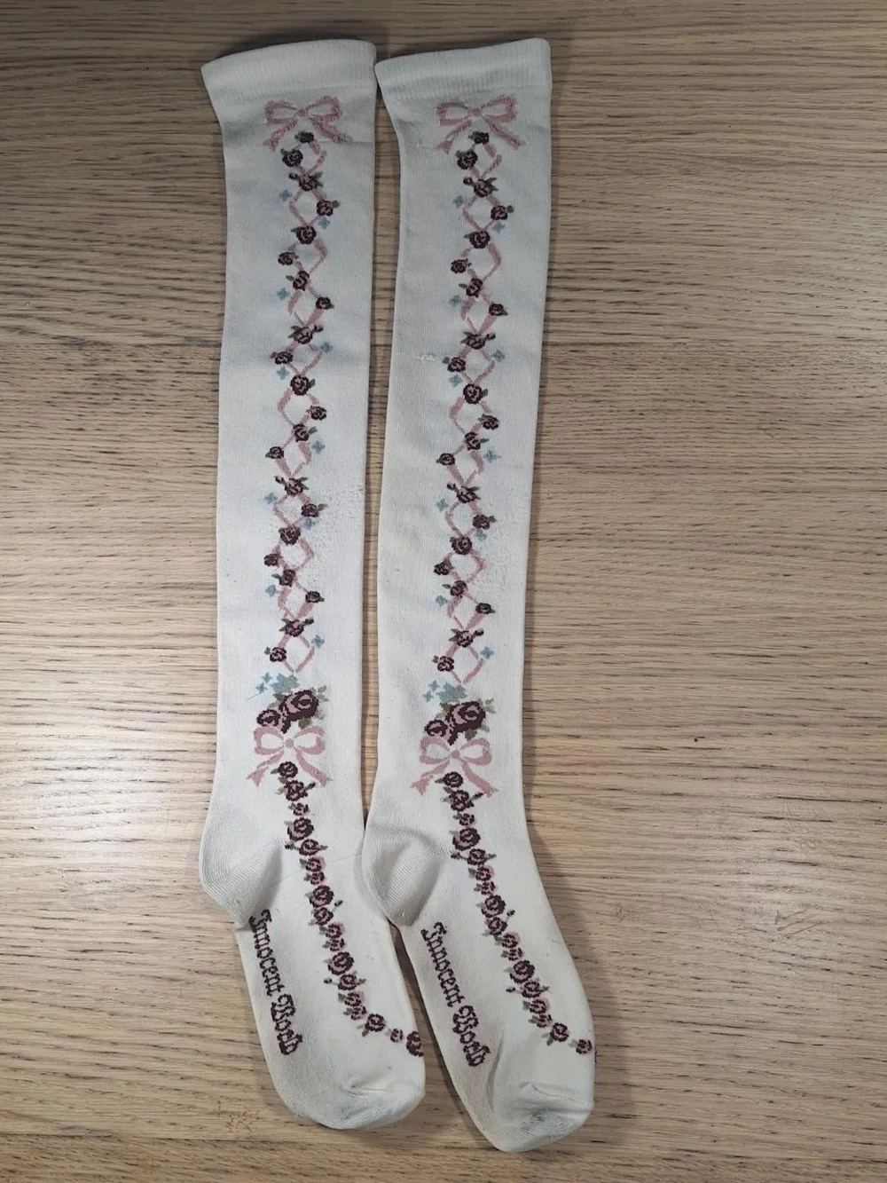Innocent World Ivory Burgundy Floral Bow OTK Socks | Classic Lolita